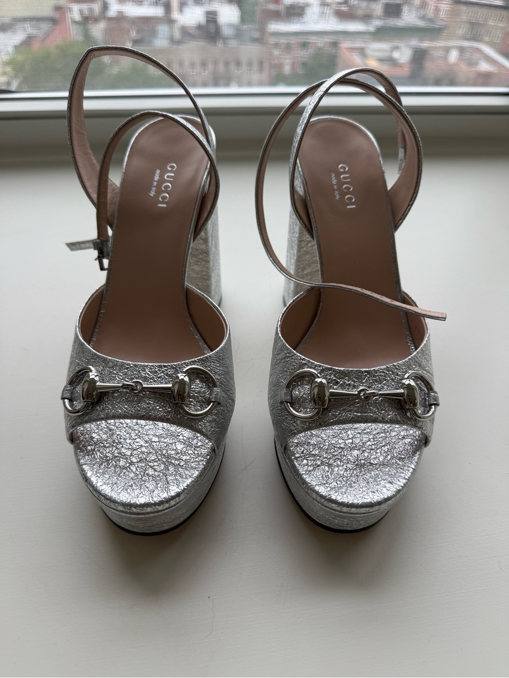 Gucci Silver Metallic Horsebit Platform Sandals - NWT NEVER WORN